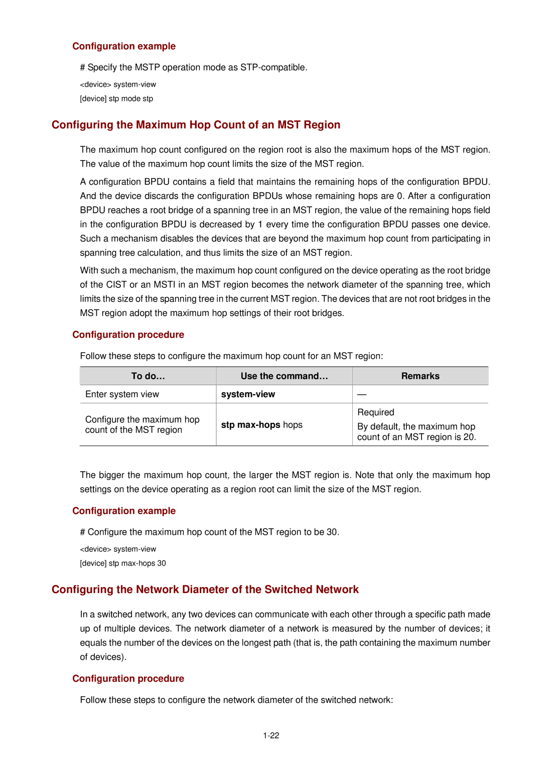 3Com WX3000 Configuring the Maximum Hop Count of an MST Region, Configuring the Network Diameter of the Switched Network 