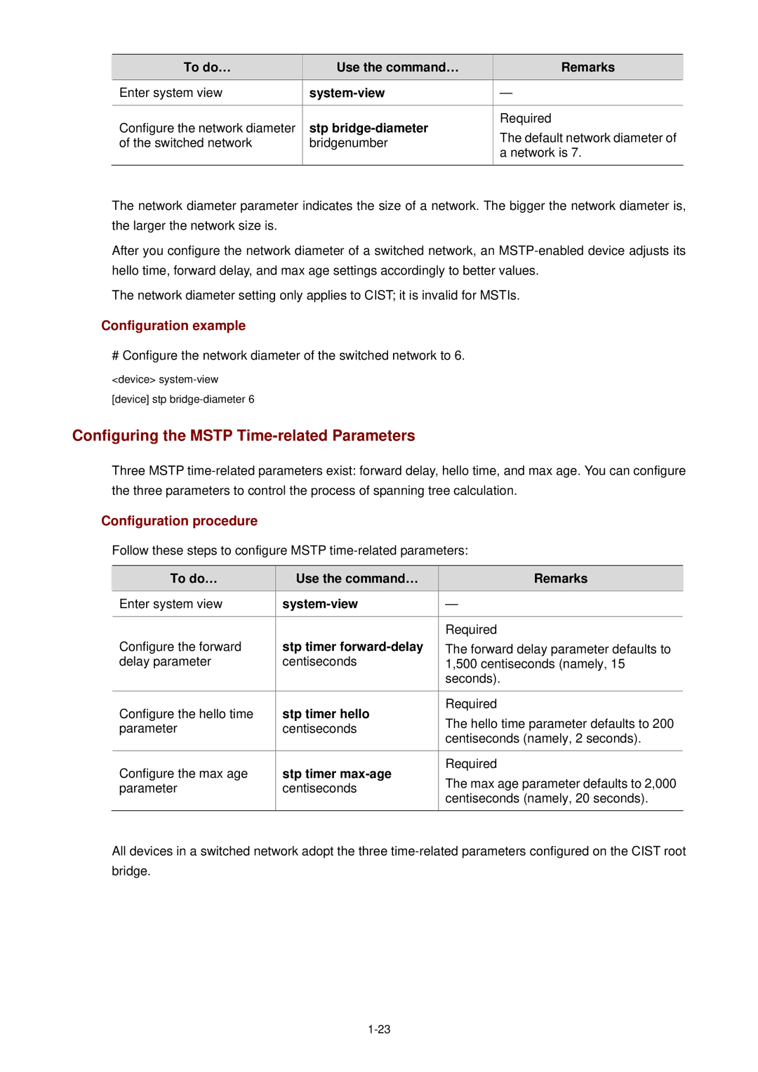 3Com WX3000 Configuring the Mstp Time-related Parameters, Stp bridge-diameter, Stp timer forward-delay, Stp timer hello 