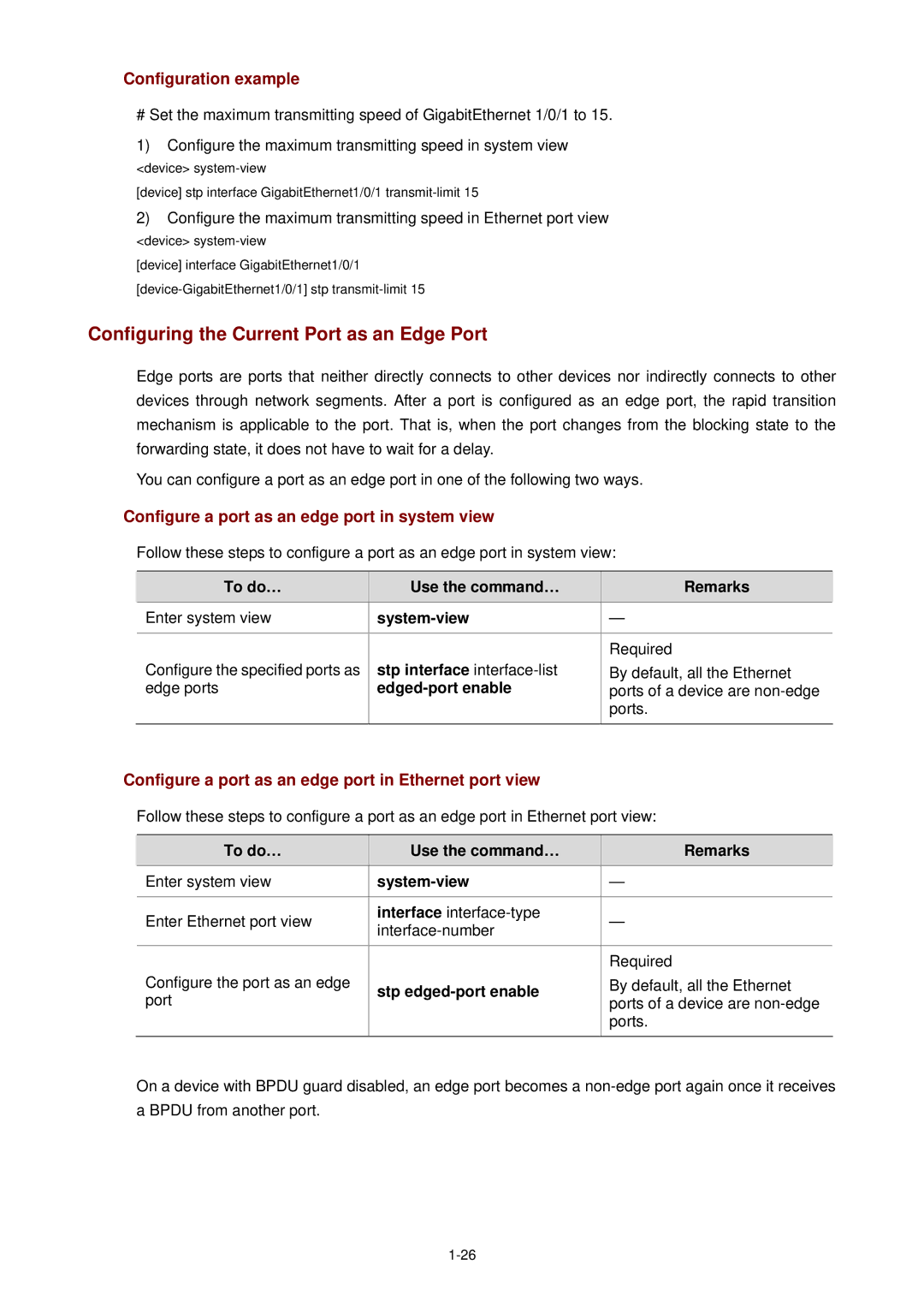 3Com WX3000 operation manual Configuring the Current Port as an Edge Port, Configure a port as an edge port in system view 