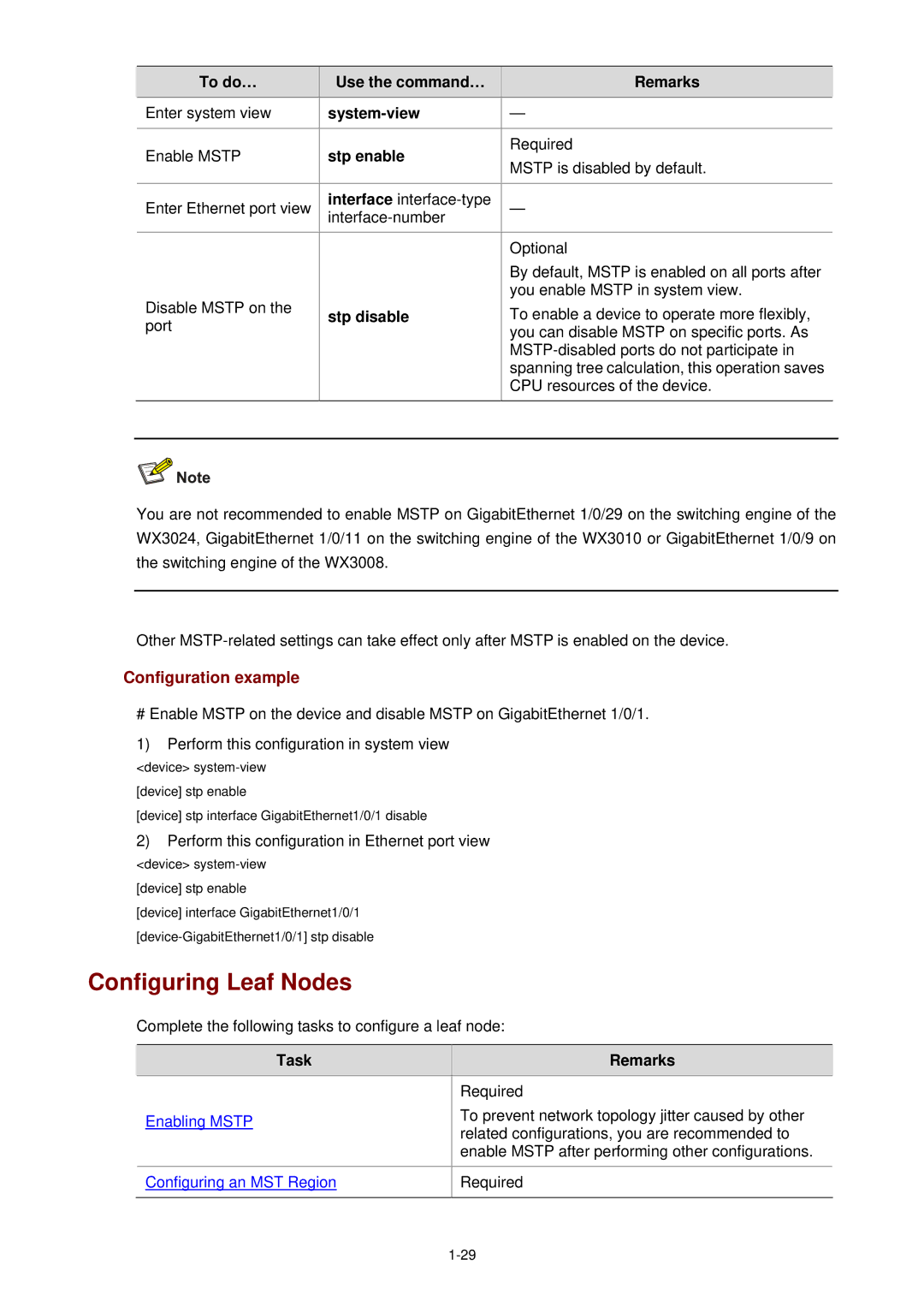 3Com WX3000 operation manual Configuring Leaf Nodes, Stp disable, Task Remarks 