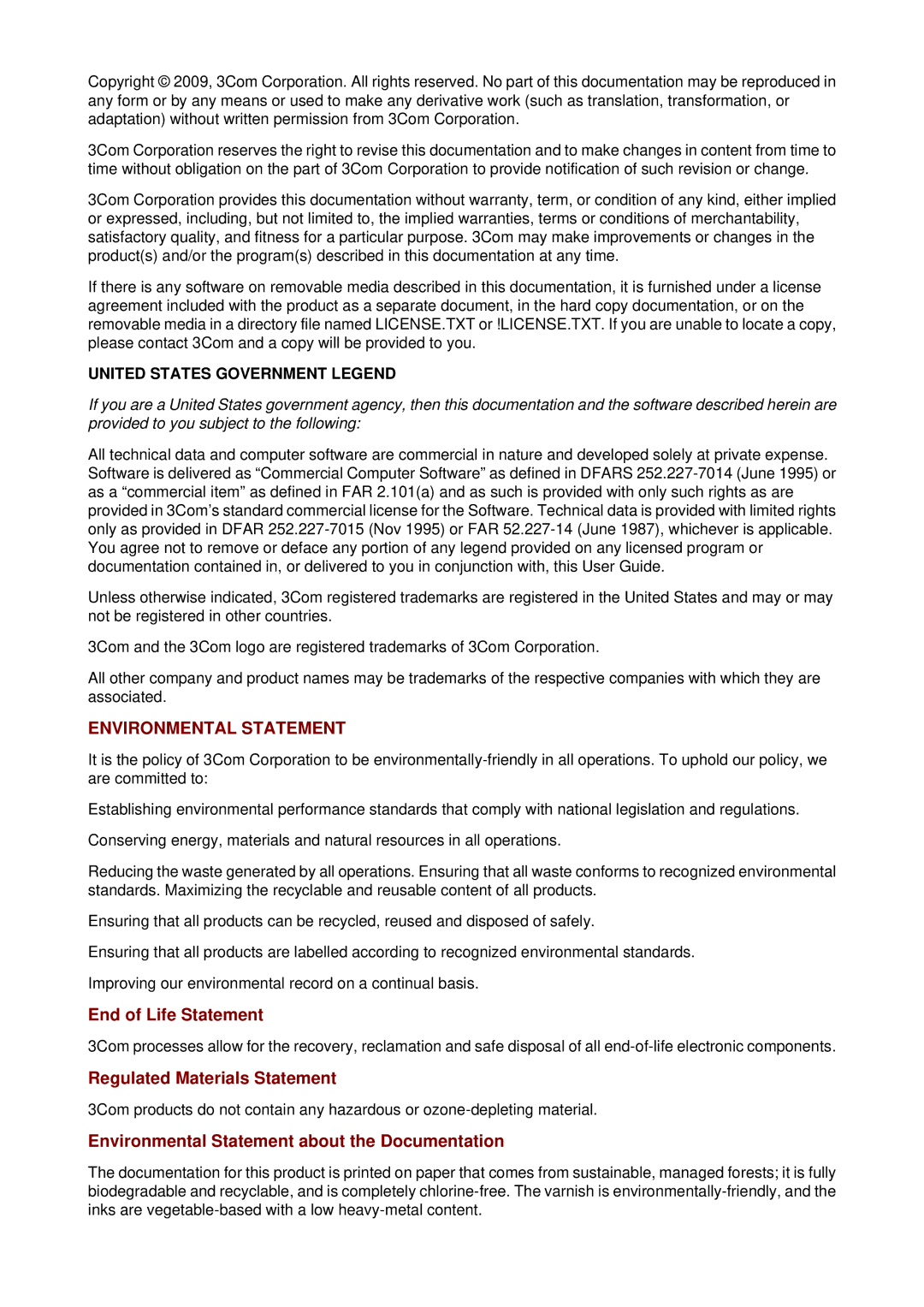 3Com WX3000 operation manual Environmental Statement 