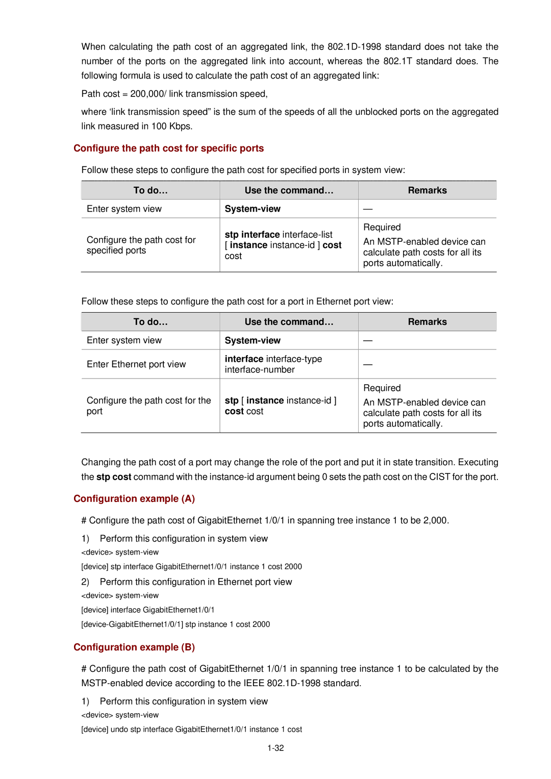 3Com WX3000 operation manual Configure the path cost for specific ports, Configuration example a, Configuration example B 