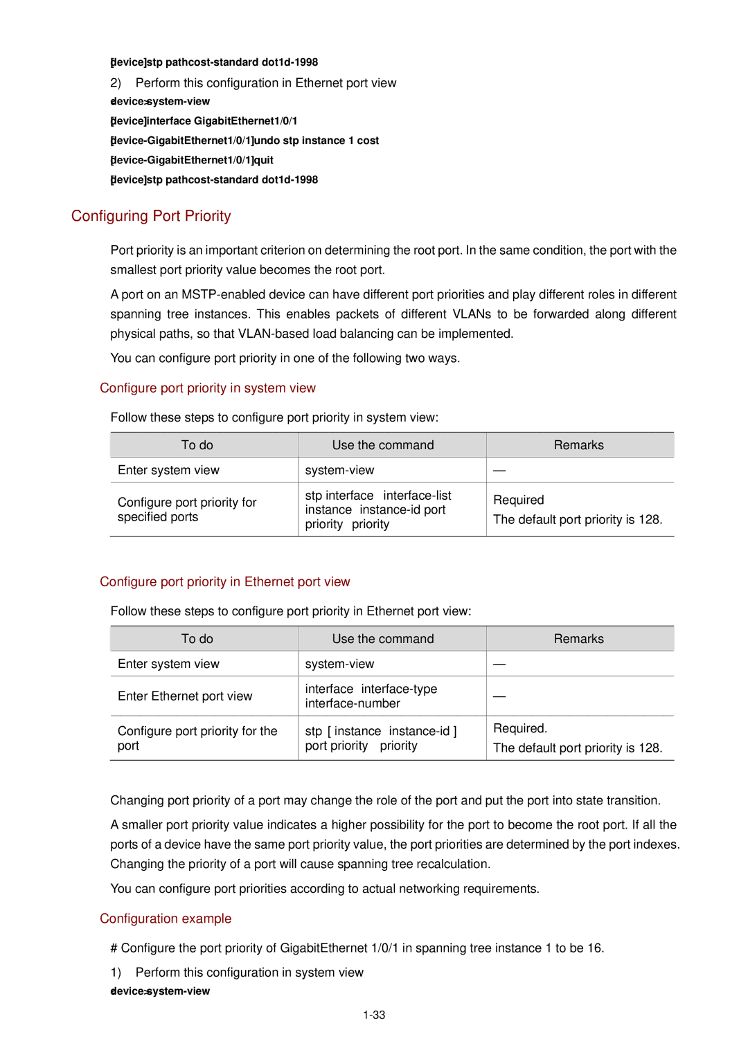 3Com WX3000 operation manual Configuring Port Priority, Configure port priority in system view, Instance instance-id port 