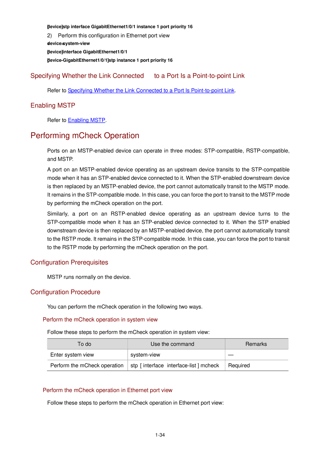 3Com WX3000 Performing mCheck Operation, Perform the mCheck operation in system view, Stp interface interface-list mcheck 