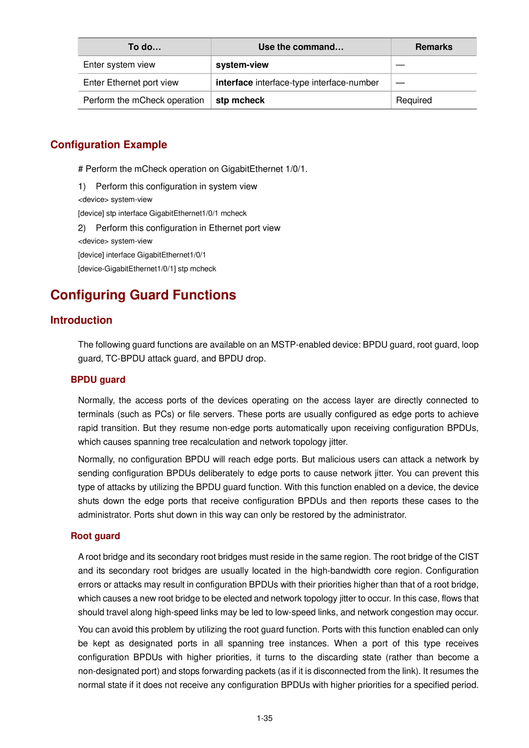 3Com WX3000 operation manual Configuring Guard Functions, Bpdu guard, Root guard, Stp mcheck 