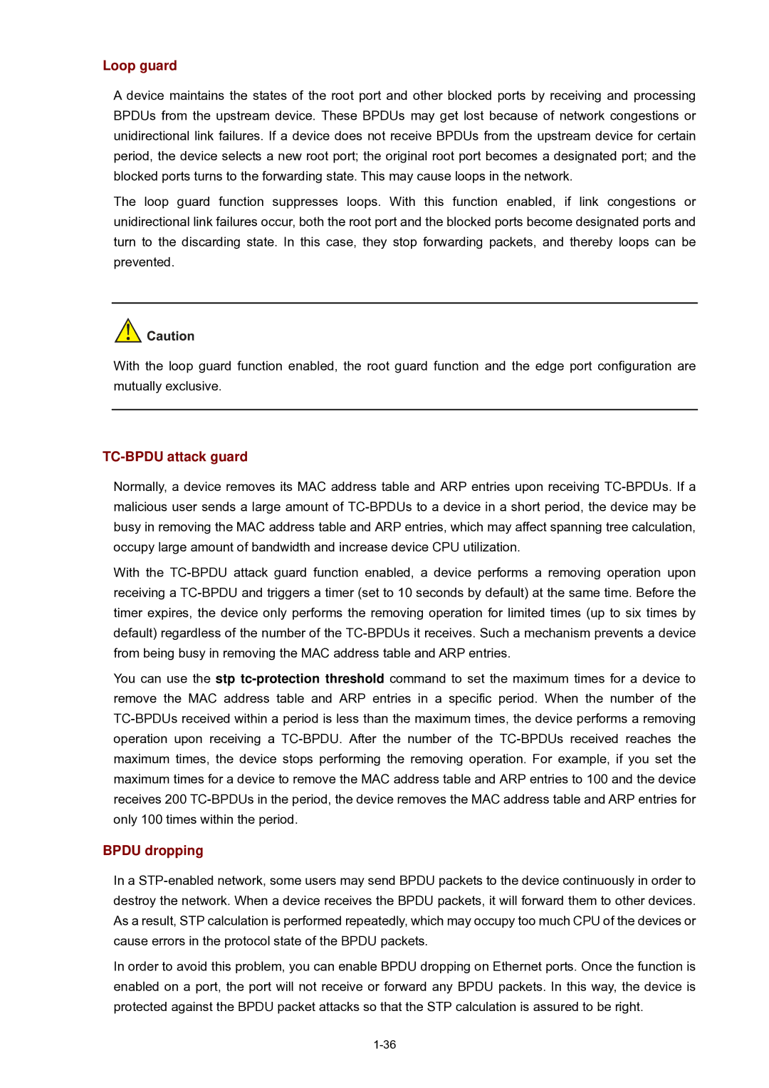 3Com WX3000 operation manual Loop guard, TC-BPDU attack guard, Bpdu dropping 