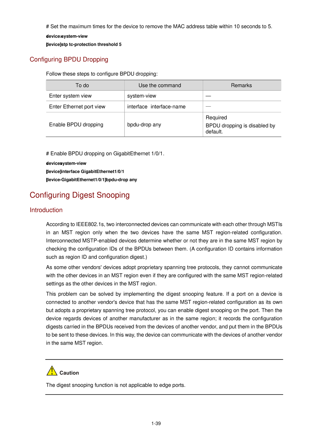 3Com WX3000 Configuring Digest Snooping, Configuring Bpdu Dropping, Interface interface-name, Bpdu-drop any 