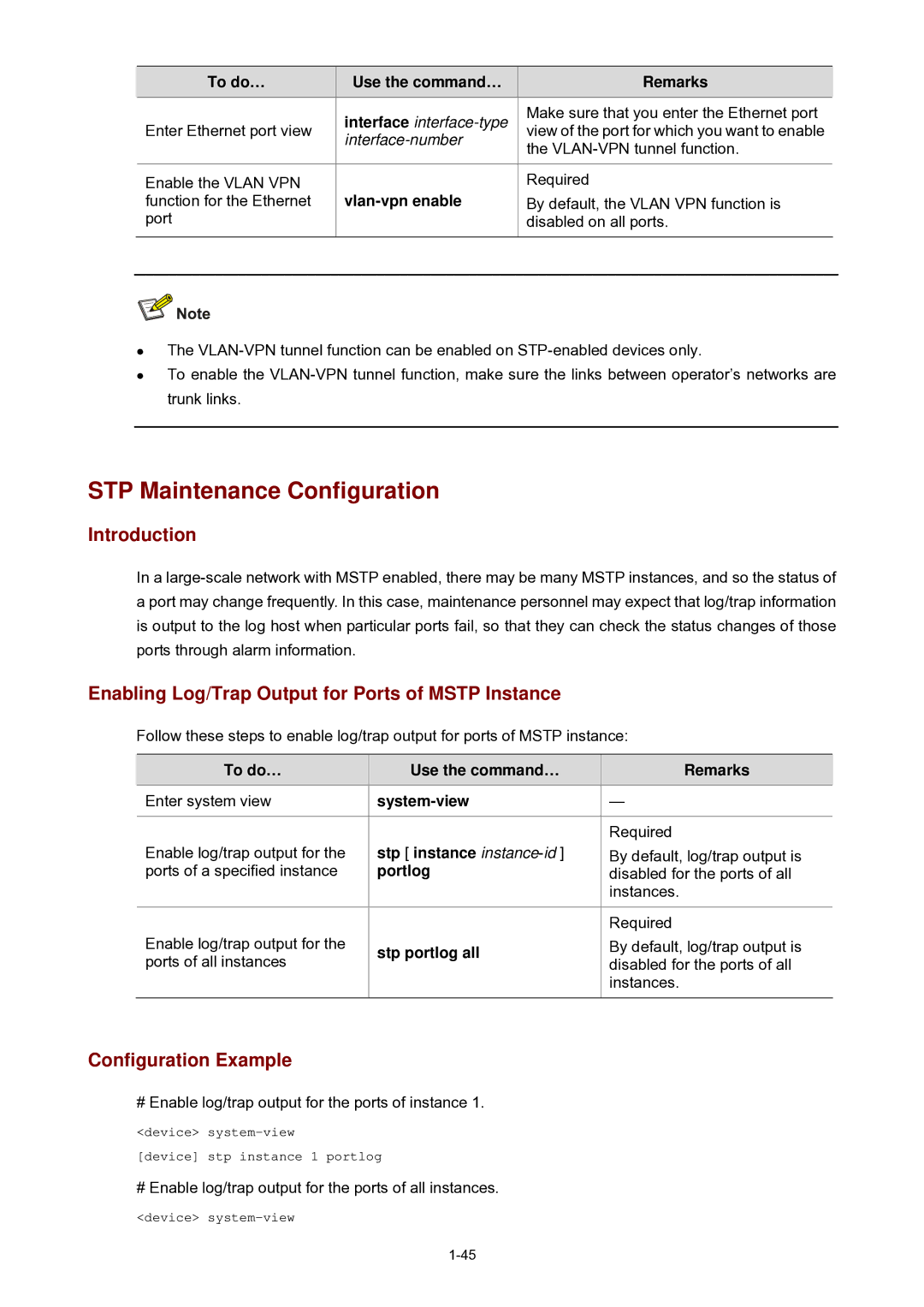 3Com WX3000 STP Maintenance Configuration, Enabling Log/Trap Output for Ports of Mstp Instance, Stp instance instance id 