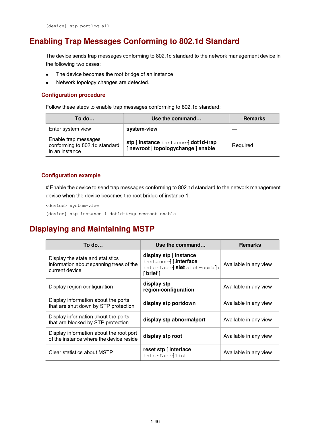 3Com WX3000 operation manual Enabling Trap Messages Conforming to 802.1d Standard, Displaying and Maintaining Mstp 