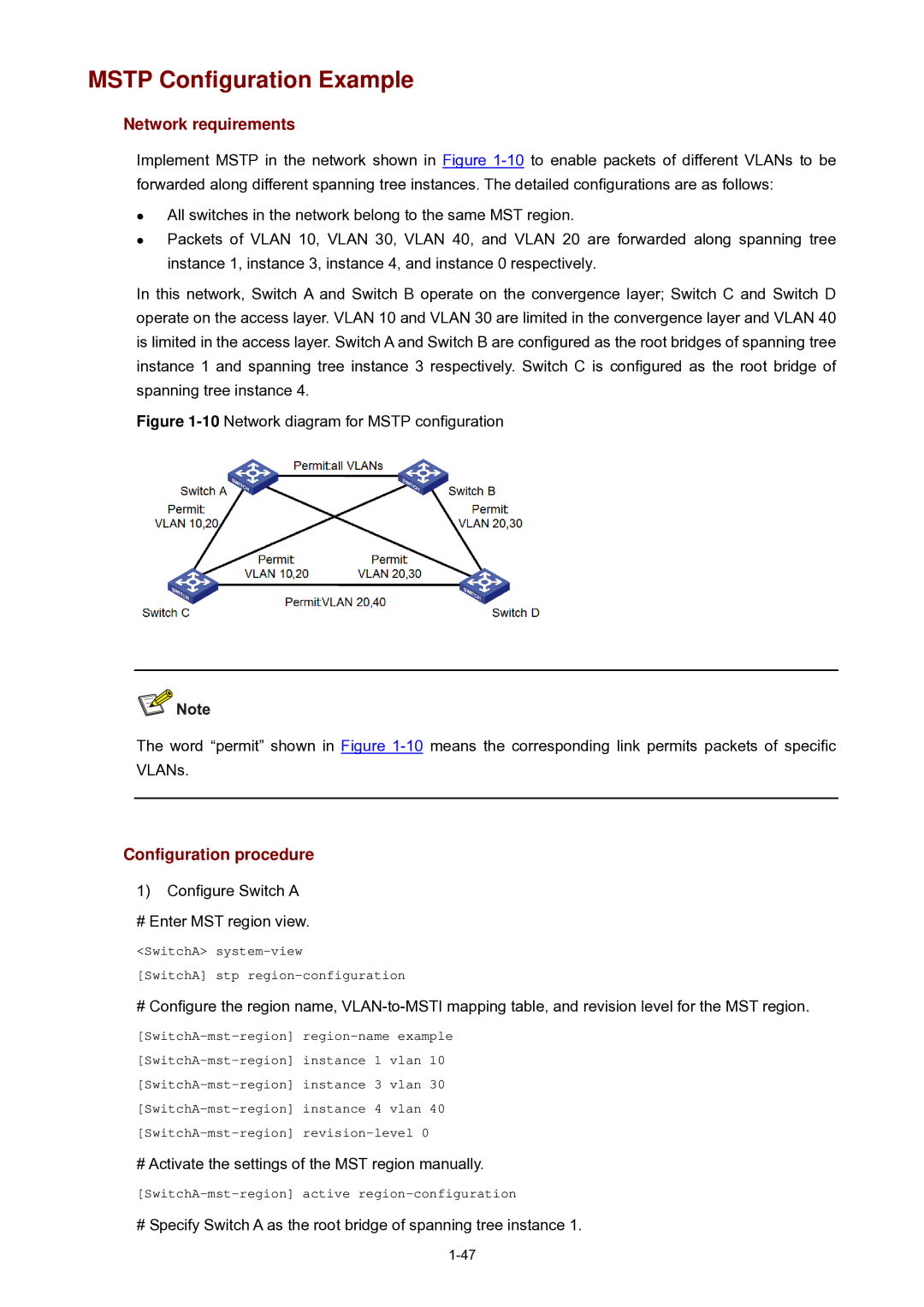 3Com WX3000 operation manual Mstp Configuration Example, Configure Switch a # Enter MST region view 