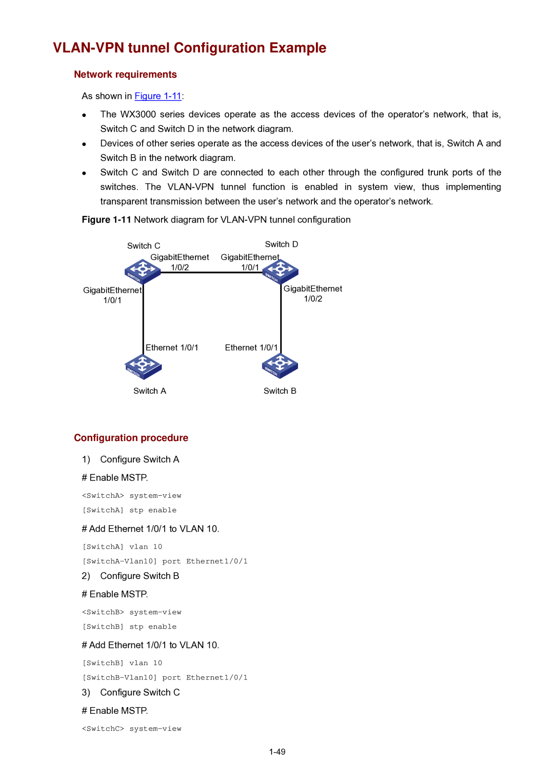 3Com WX3000 VLAN-VPN tunnel Configuration Example, Configure Switch a # Enable Mstp, # Add Ethernet 1/0/1 to Vlan 