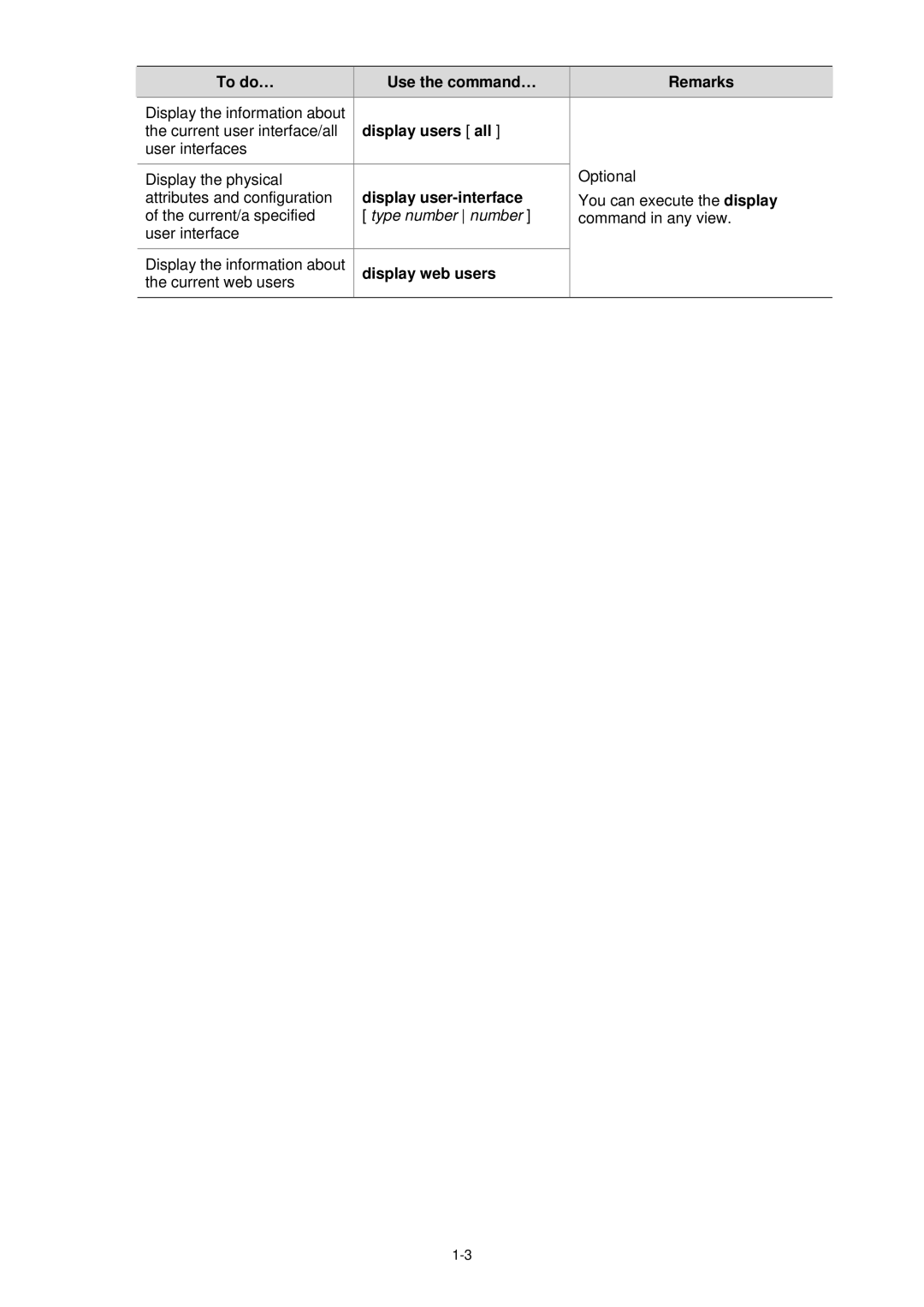 3Com WX3000 operation manual Display users all, Display user-interface, Type number number, Display web users 