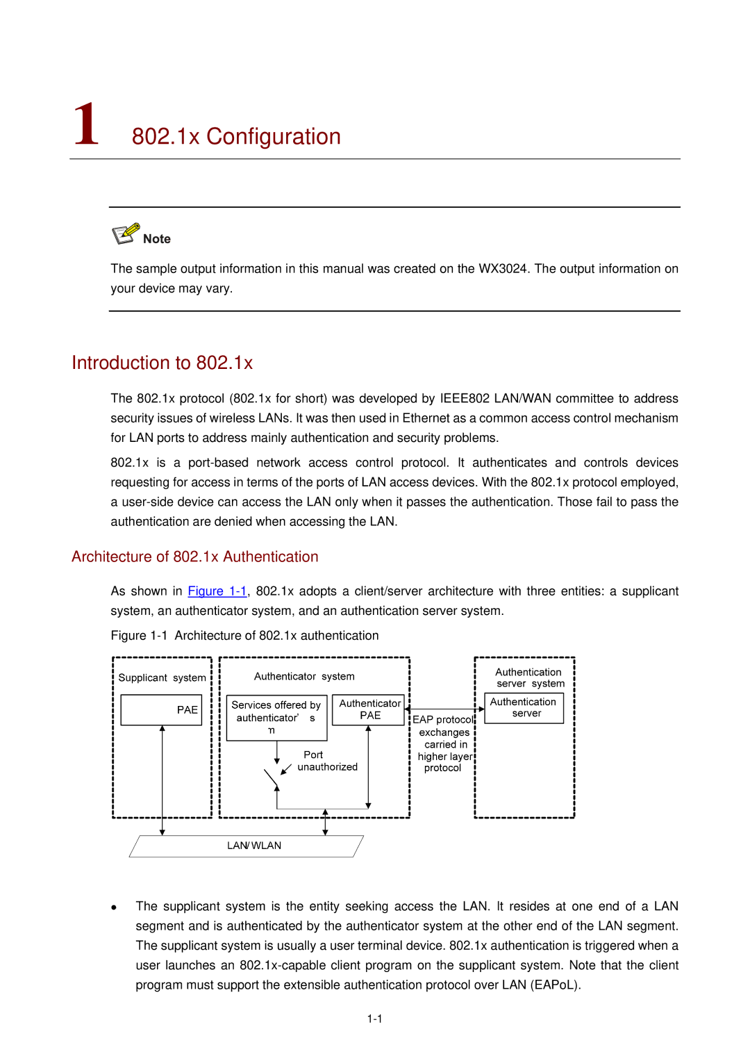 3Com WX3000 operation manual 802.1x Configuration, Introduction to, Architecture of 802.1x Authentication 