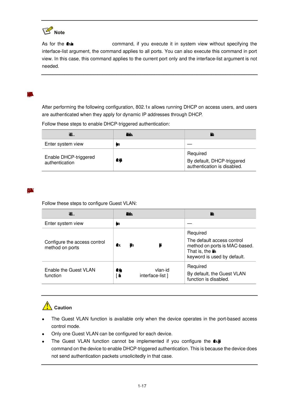 3Com WX3000 Enabling DHCP-triggered Authentication, Configuring Guest Vlan, Dot1x dhcp-launch, Dot1x port-method portbased 