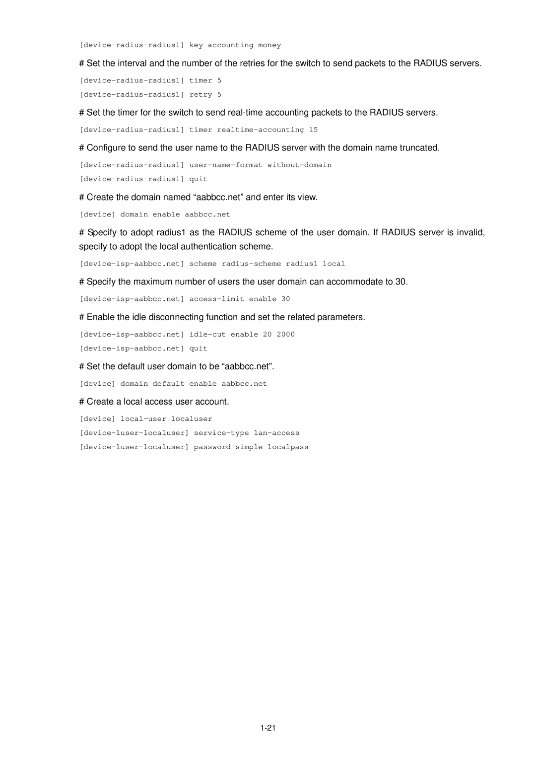 3Com WX3000 # Create the domain named aabbcc.net and enter its view, # Set the default user domain to be aabbcc.net 