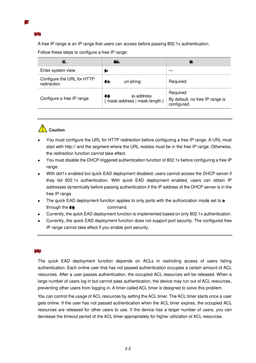 3Com WX3000 Configuring a free IP range, Setting the ACL timeout period, Dot1x url url-string, Dot1x free-ip ip-address 