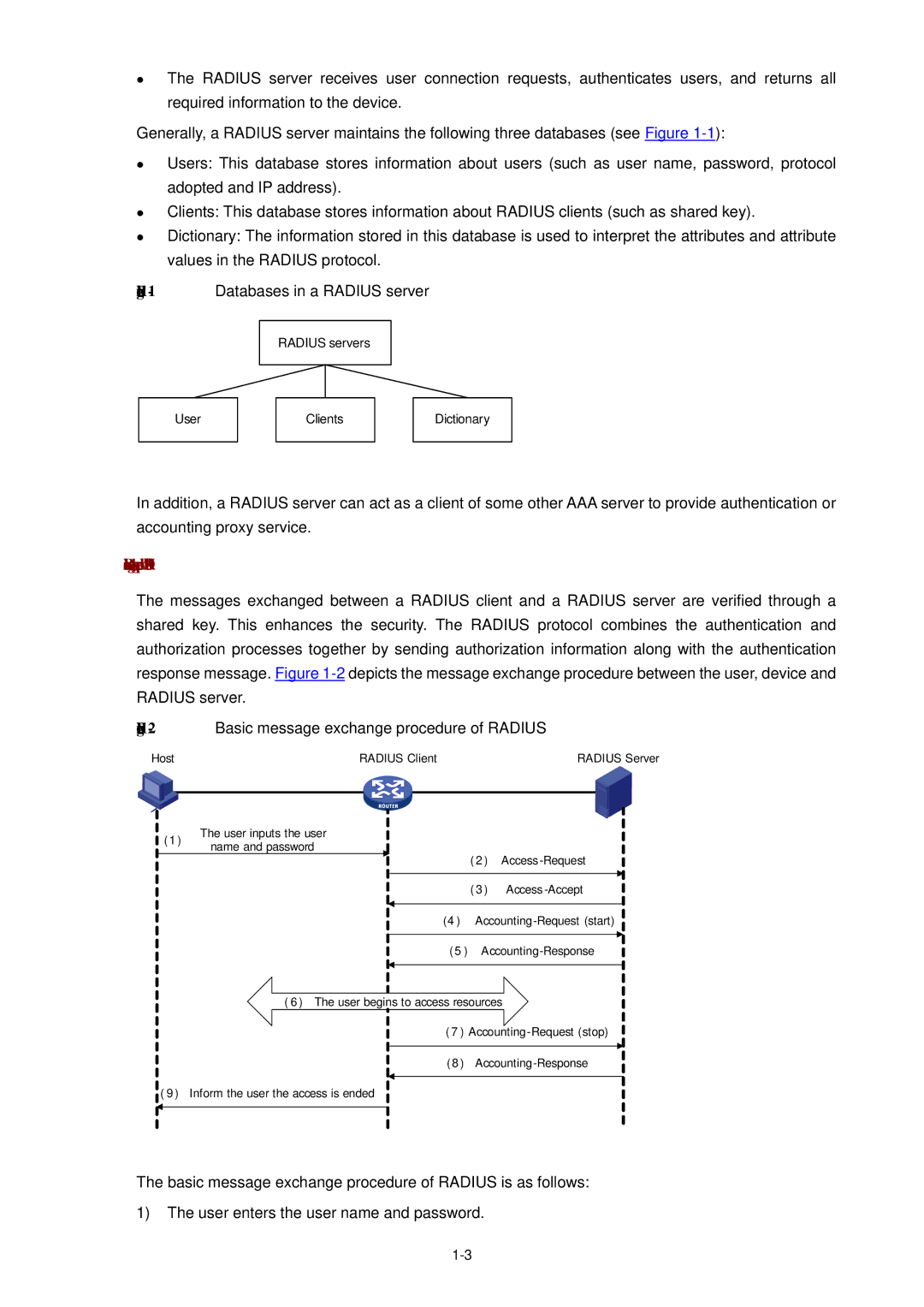 3Com WX3000 operation manual Basic message exchange procedure in Radius, 1Databases in a Radius server 