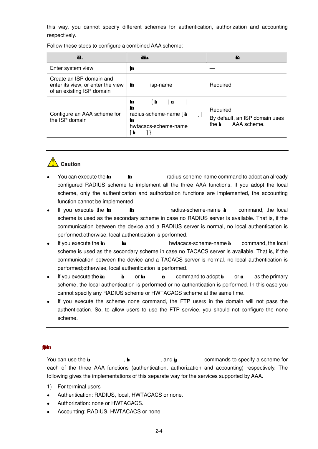 3Com WX3000 operation manual Configuring separate AAA schemes, Domain isp-name, Radius-scheme-name local, Hwtacacs-scheme 