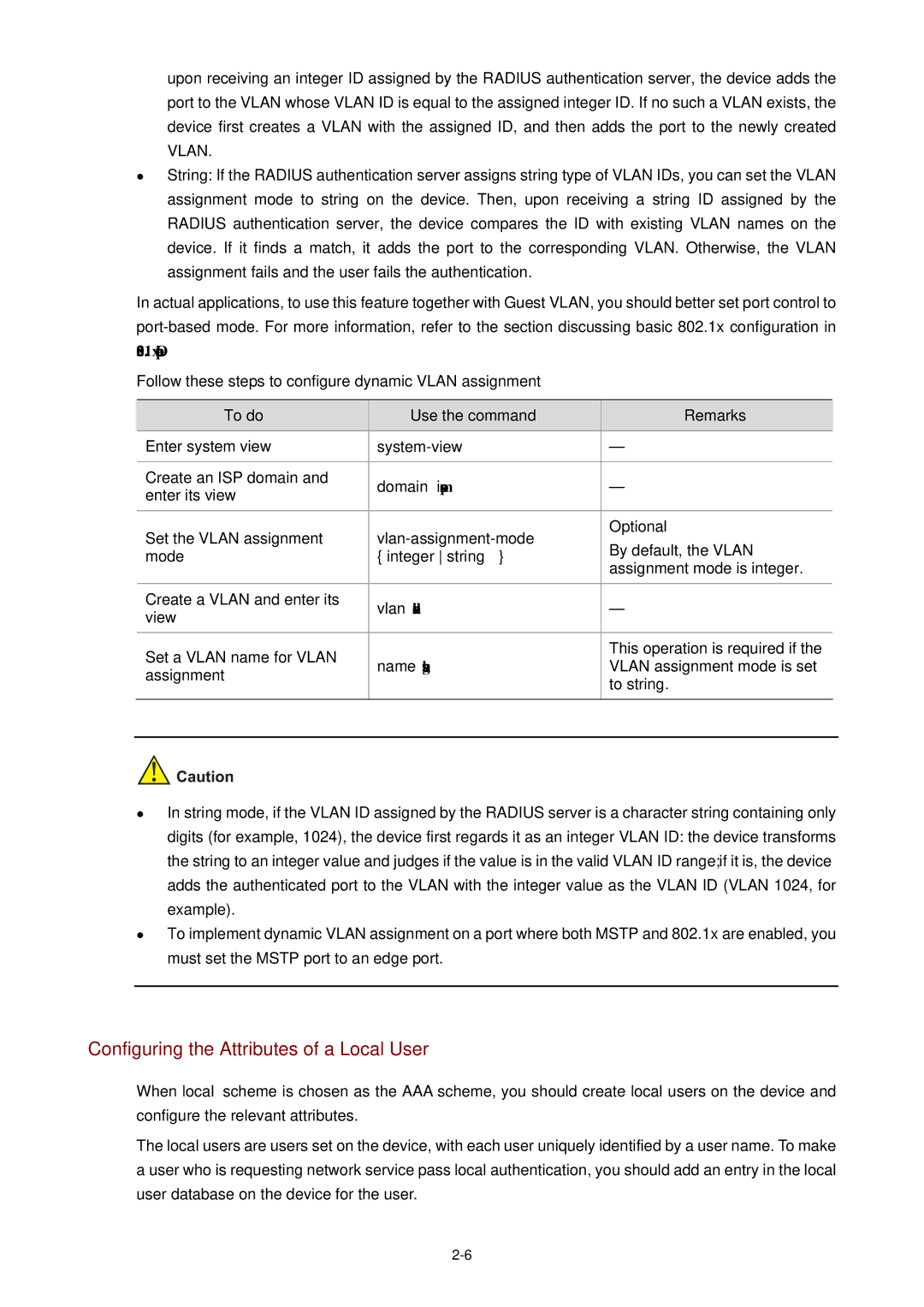 3Com WX3000 Configuring the Attributes of a Local User, Domain isp-name, Vlan-assignment-mode, Integer string, Name string 