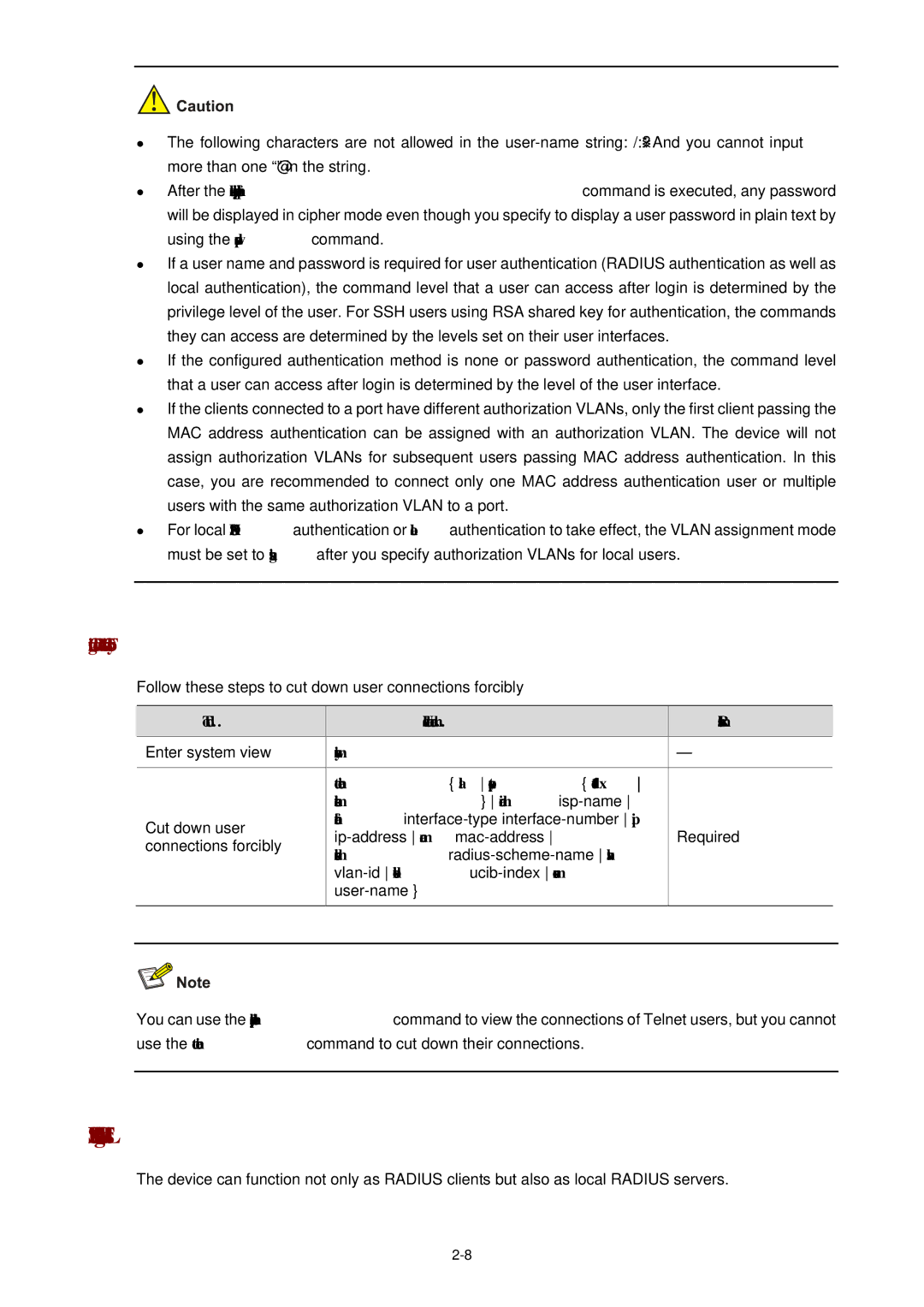 3Com WX3000 operation manual Radius Configuration Task List, Cutting Down User Connections Forcibly, Cut down user 