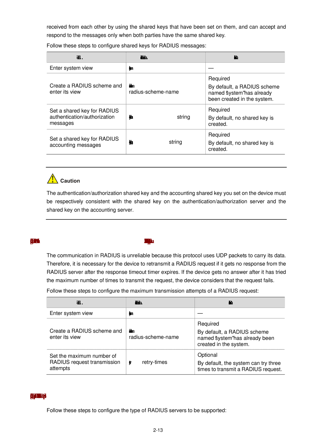 3Com WX3000 Configuring the Type of Radius Servers to be Supported, Key authentication string, Key accounting string 