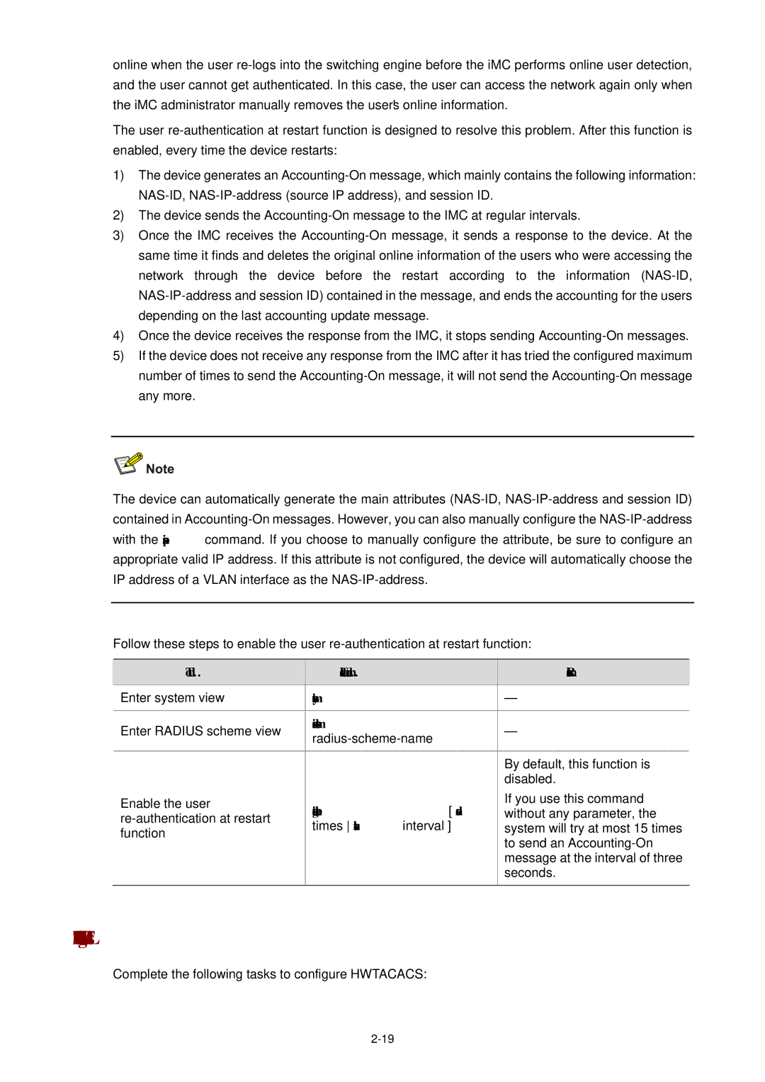 3Com WX3000 operation manual Hwtacacs Configuration Task List, Accounting-on enable send, Times interval interval 