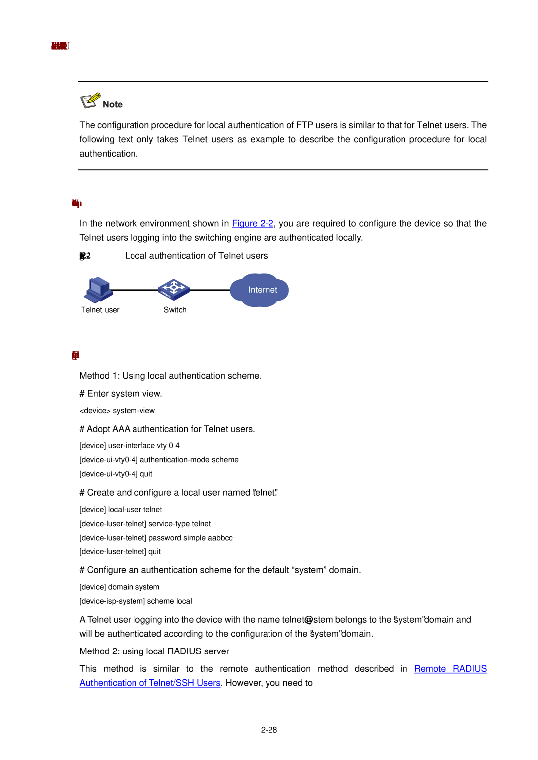 3Com WX3000 operation manual Local Authentication of FTP/Telnet Users, # Create and configure a local user named telnet 