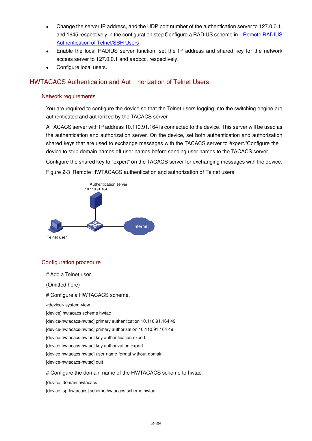 3Com WX3000 operation manual Hwtacacs Authentication and Authorization of Telnet Users 