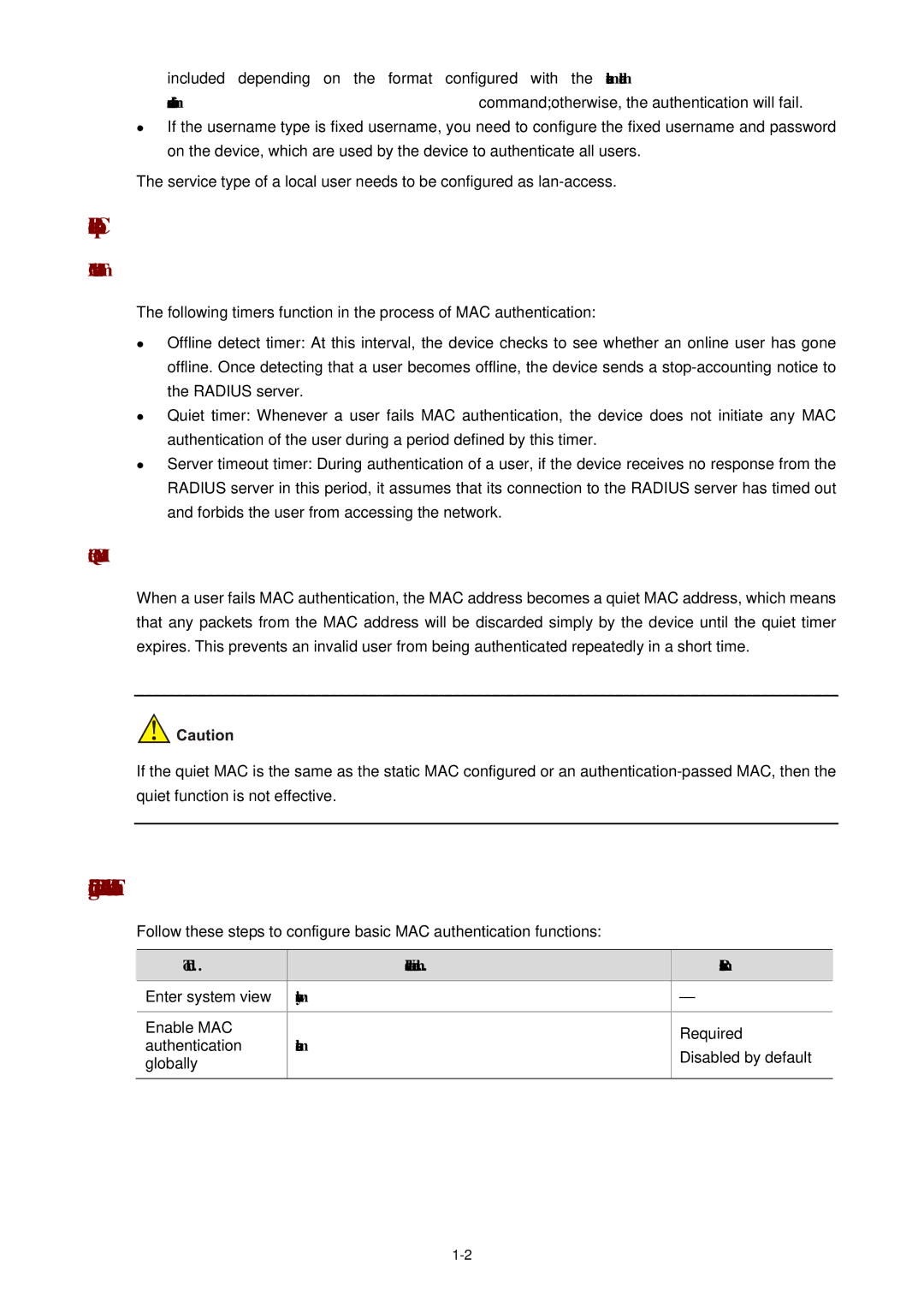 3Com WX3000 Related Concepts, Configuring Basic MAC Authentication Functions, MAC Authentication Timers, Quiet MAC Address 