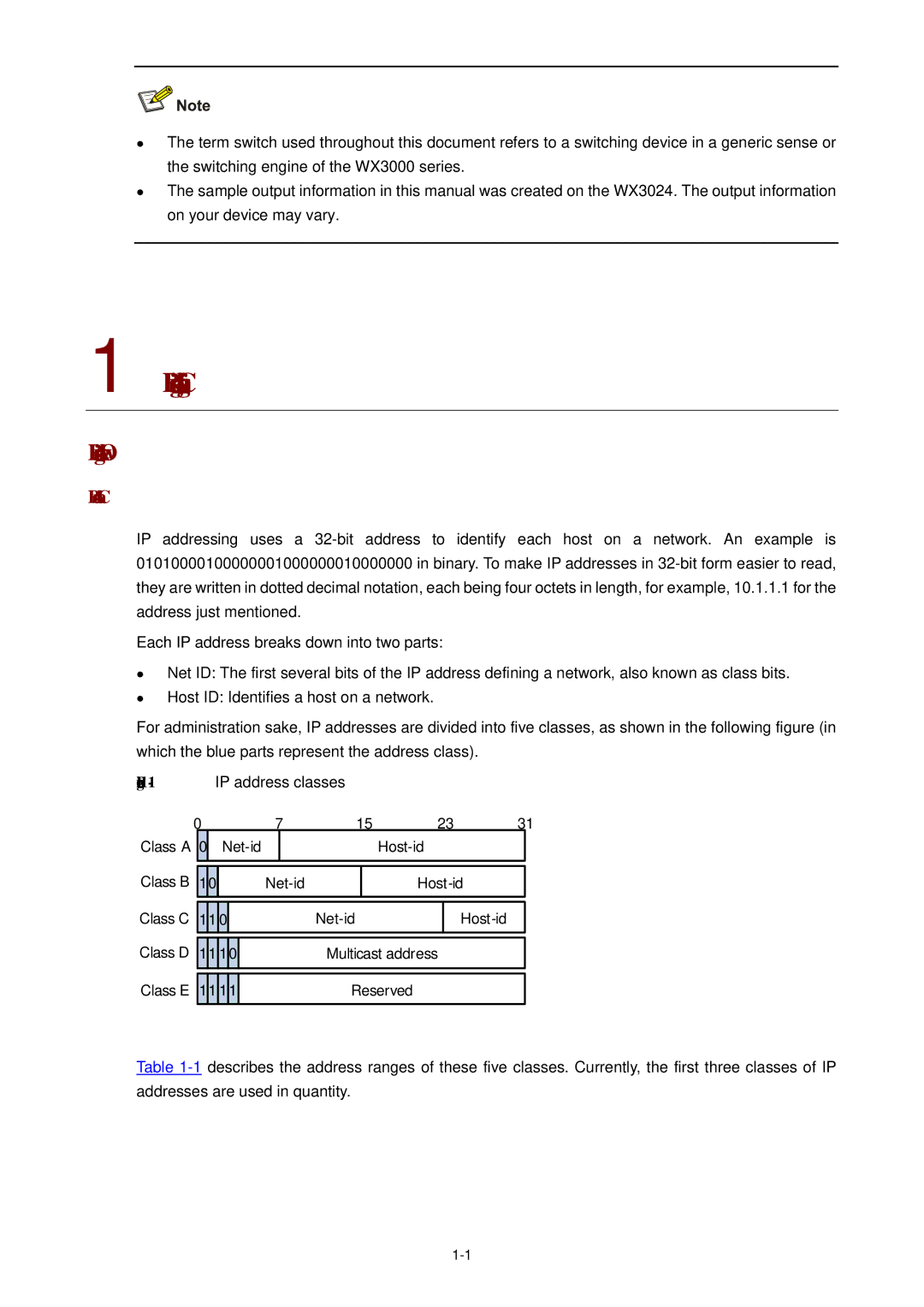 3Com WX3000 operation manual IP Addressing Configuration, IP Addressing Overview, IP Address Classes, Net-id Host-id 