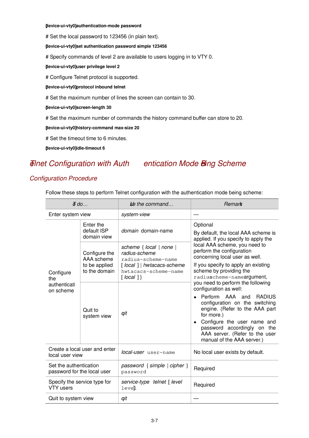 3Com WX3000 operation manual Telnet Configuration with Authentication Mode Being Scheme 