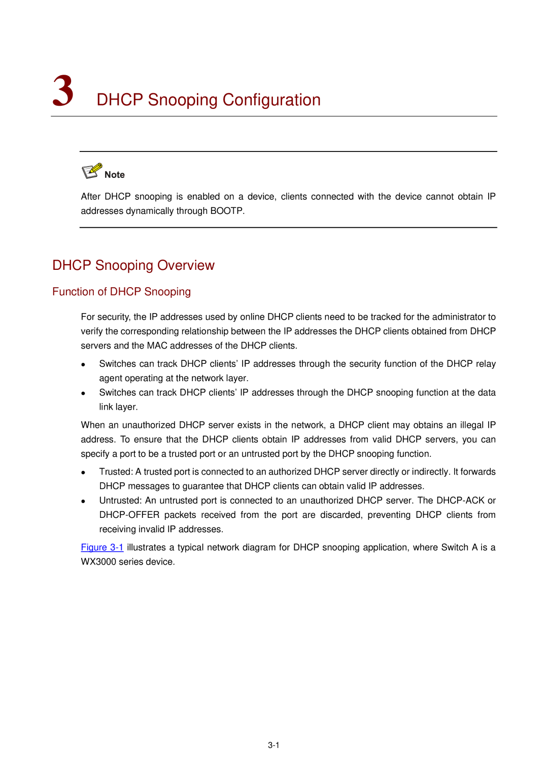 3Com WX3000 operation manual Dhcp Snooping Configuration, Dhcp Snooping Overview, Function of Dhcp Snooping 