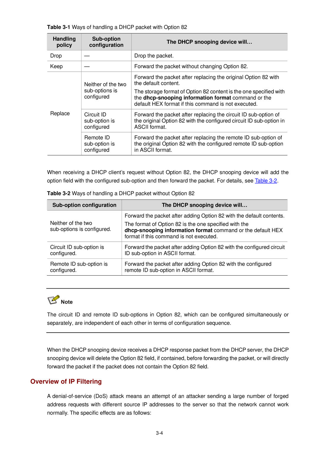 3Com WX3000 operation manual Overview of IP Filtering, Dhcp-snooping information format command or 