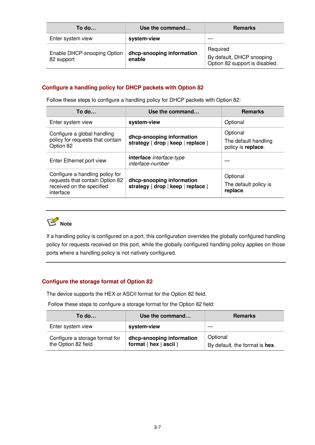 3Com WX3000 Configure a handling policy for Dhcp packets with Option, Configure the storage format of Option 