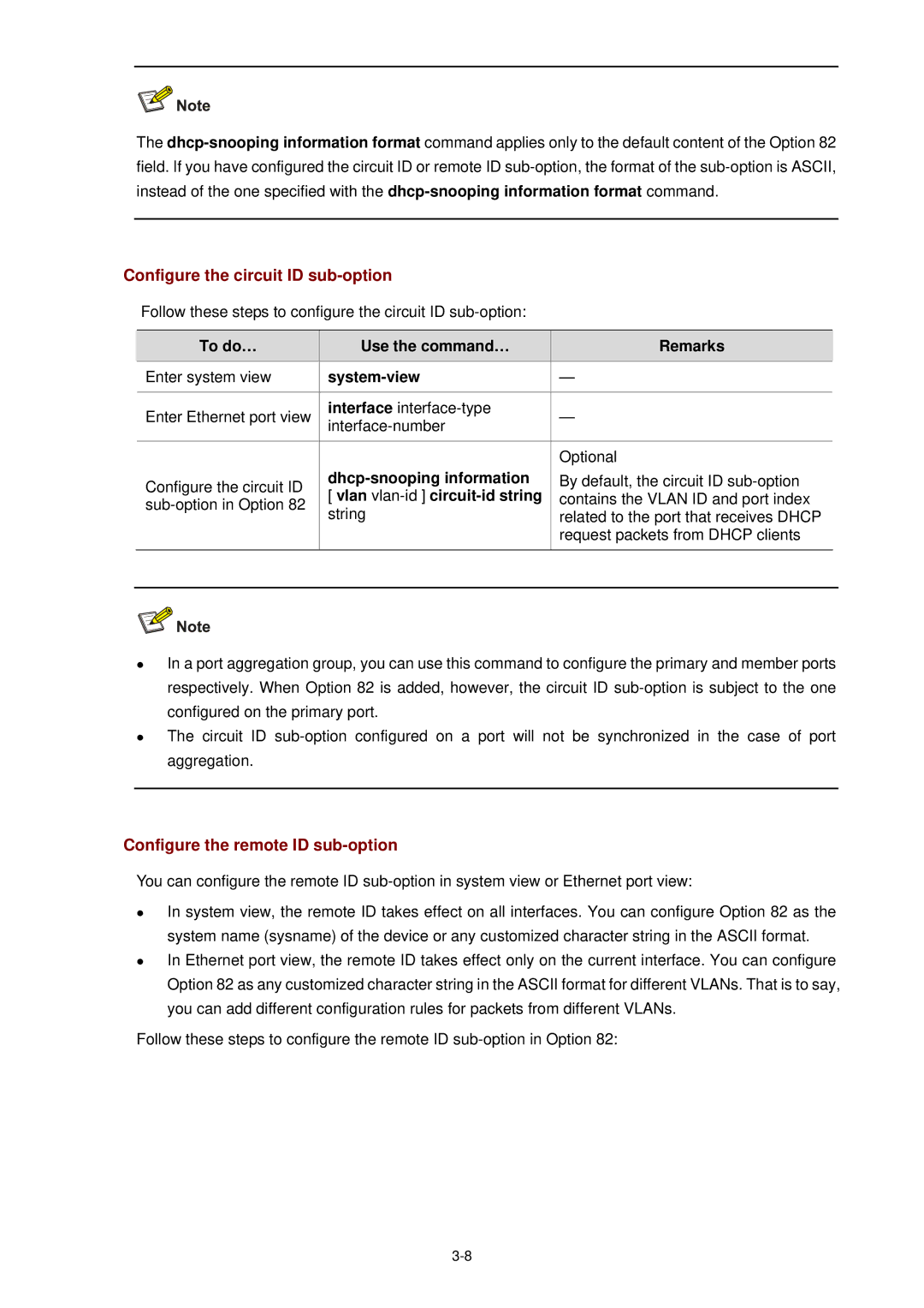 3Com WX3000 Configure the circuit ID sub-option, Configure the remote ID sub-option, Vlan vlan-id circuit-id string 