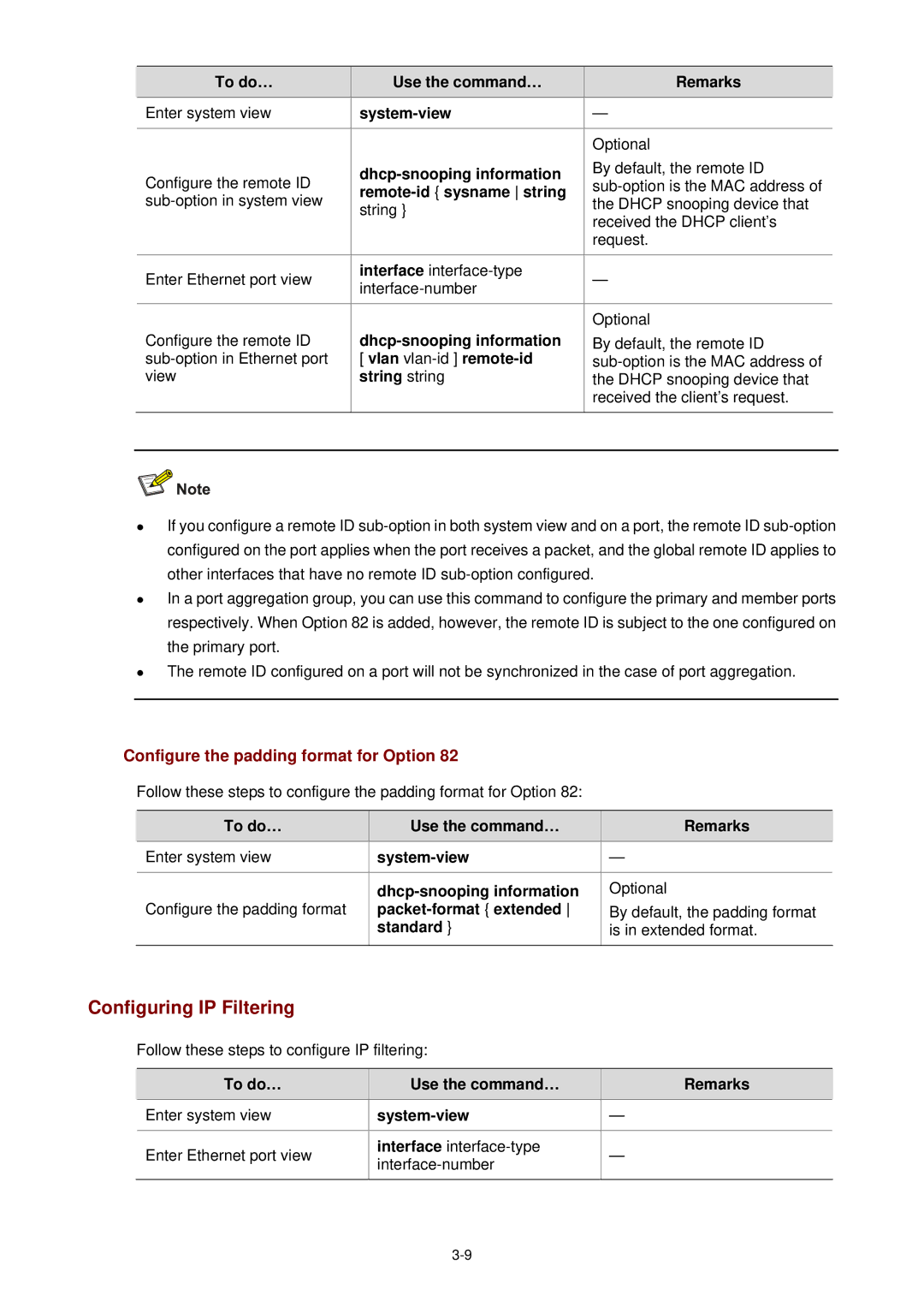 3Com WX3000 Configuring IP Filtering, Configure the padding format for Option, Remote-id sysname string, String string 