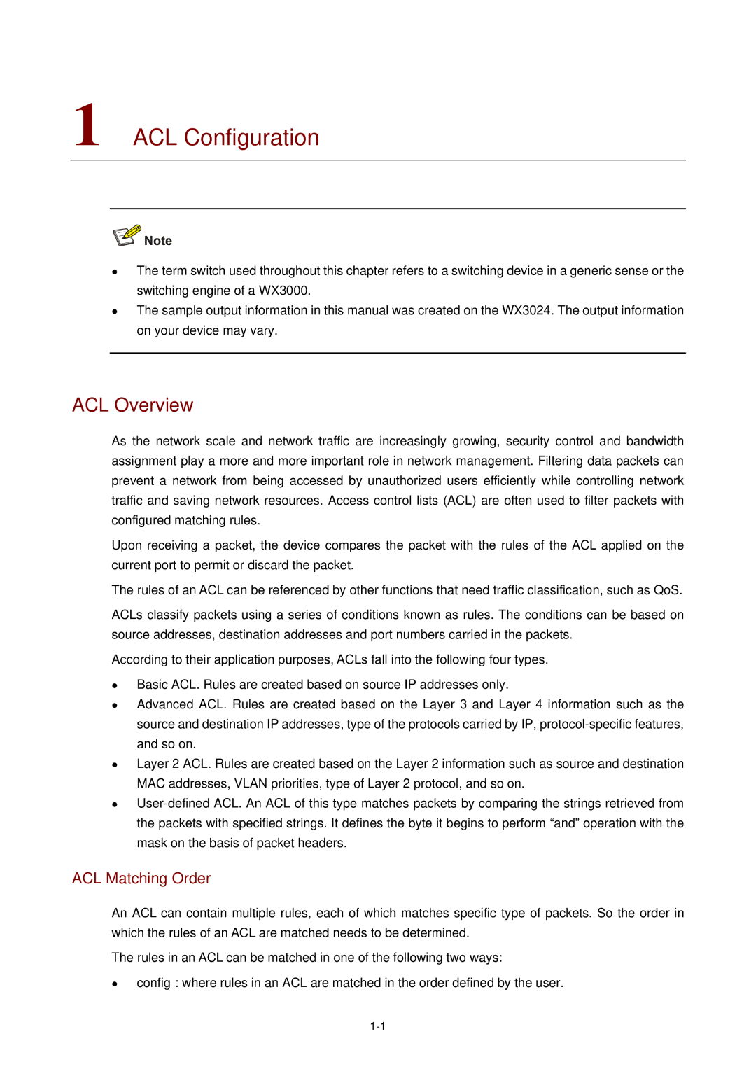 3Com WX3000 operation manual ACL Configuration, ACL Overview, ACL Matching Order 