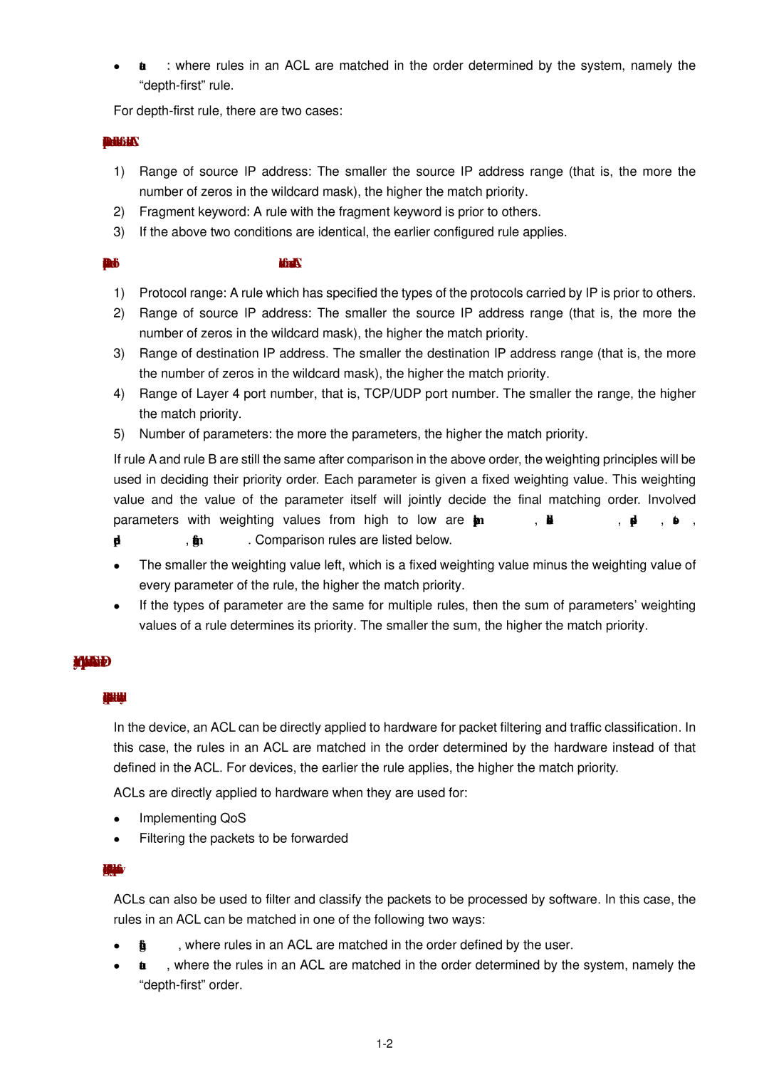 3Com WX3000 operation manual Ways to Apply an ACL on a Device, Depth-first match order for rules of a basic ACL 