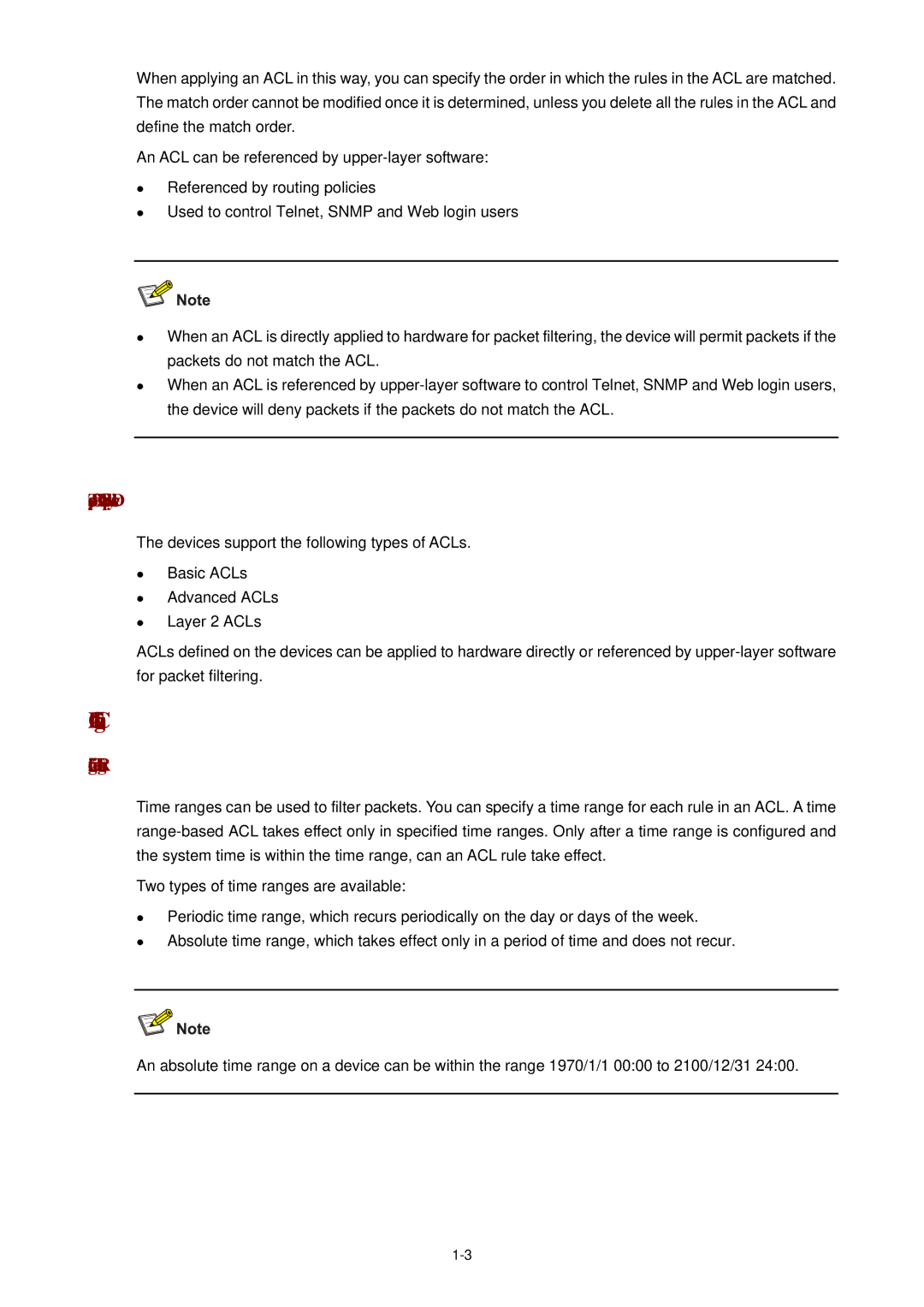 3Com WX3000 operation manual ACL Configuration, Types of ACLs Supported by Devices, Configuring Time Range 