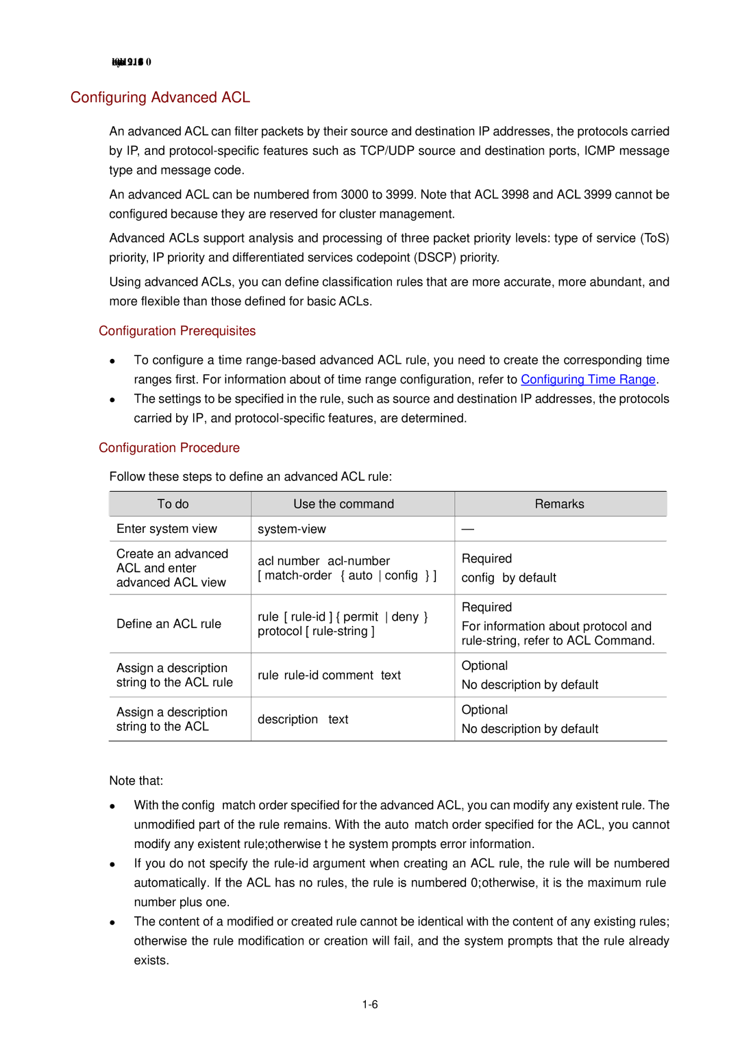 3Com WX3000 Configuring Advanced ACL, Match-order auto config, Rule rule-id permit deny, Rule rule-id comment text 