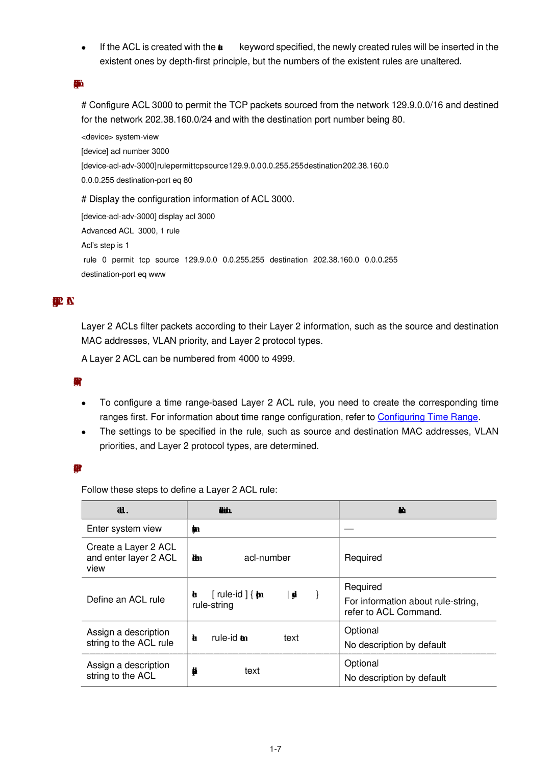 3Com WX3000 operation manual Configuring Layer 2 ACL, Rule-string Refer to ACL Command 