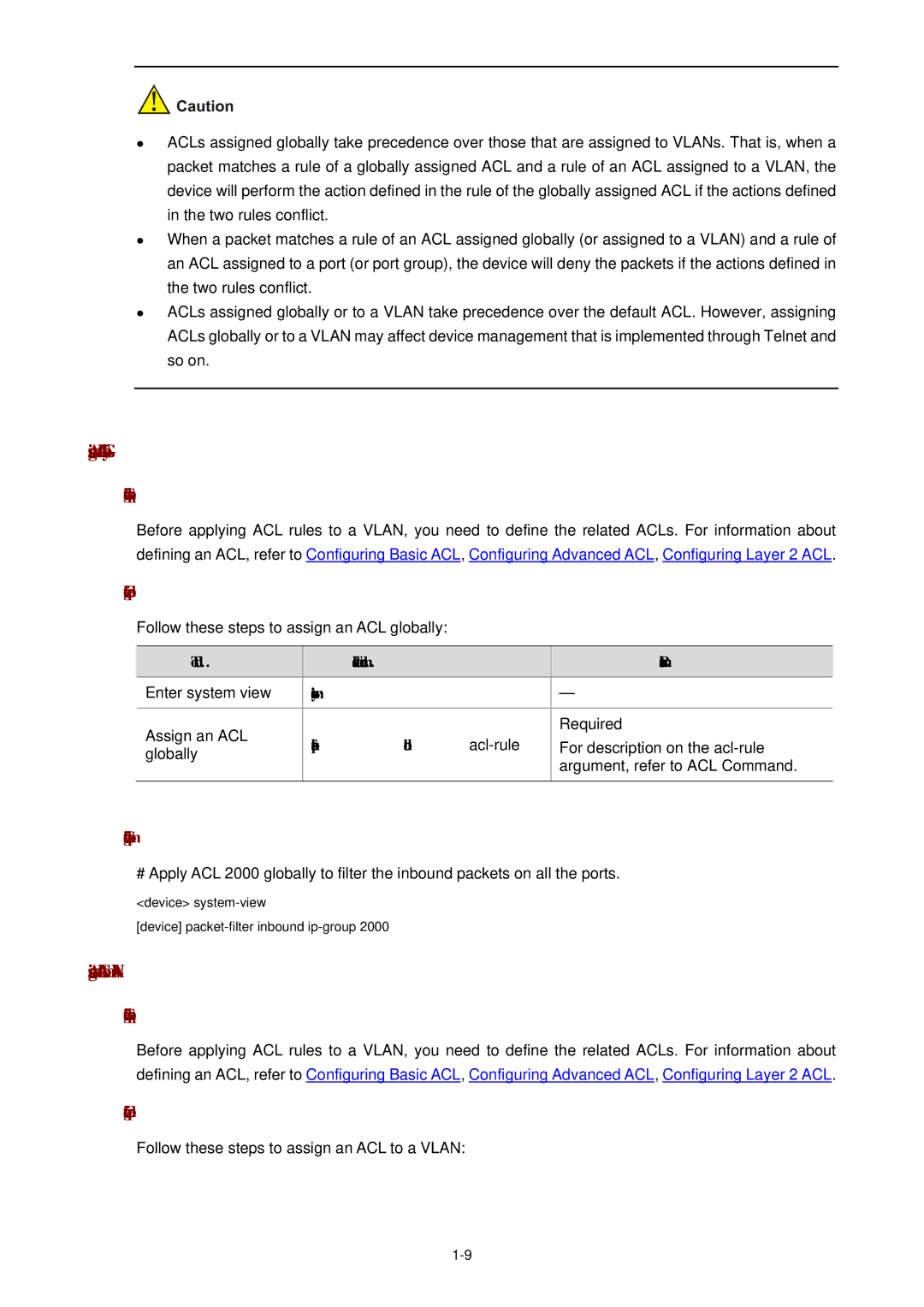 3Com WX3000 Assigning an ACL Globally, Assigning an ACL to a Vlan, Configure procedure, Packet-filter inbound acl-rule 