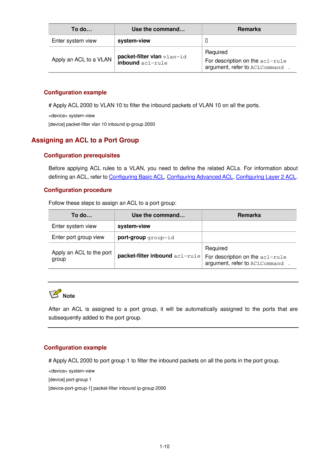 3Com WX3000 operation manual Assigning an ACL to a Port Group, System-view Packet-filter vlan vlan-id, Inbound acl-rule 