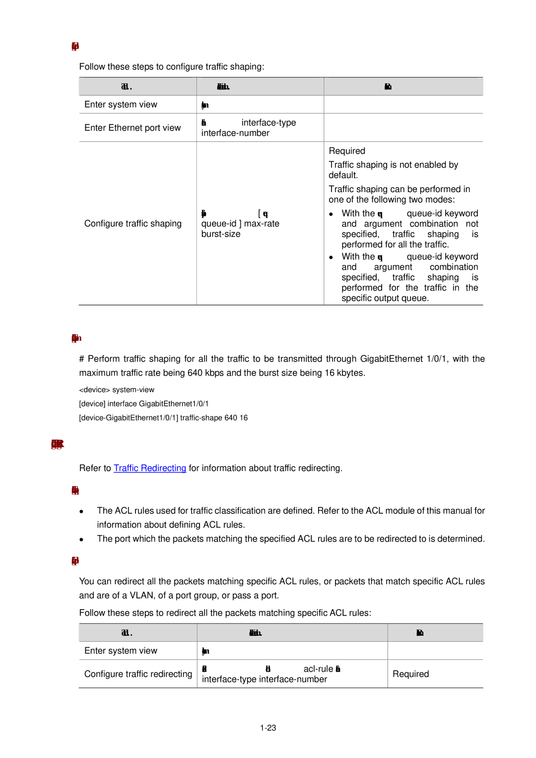 3Com WX3000 operation manual Configuring Traffic Redirecting, Configuration examples, Traffic-shape queue 