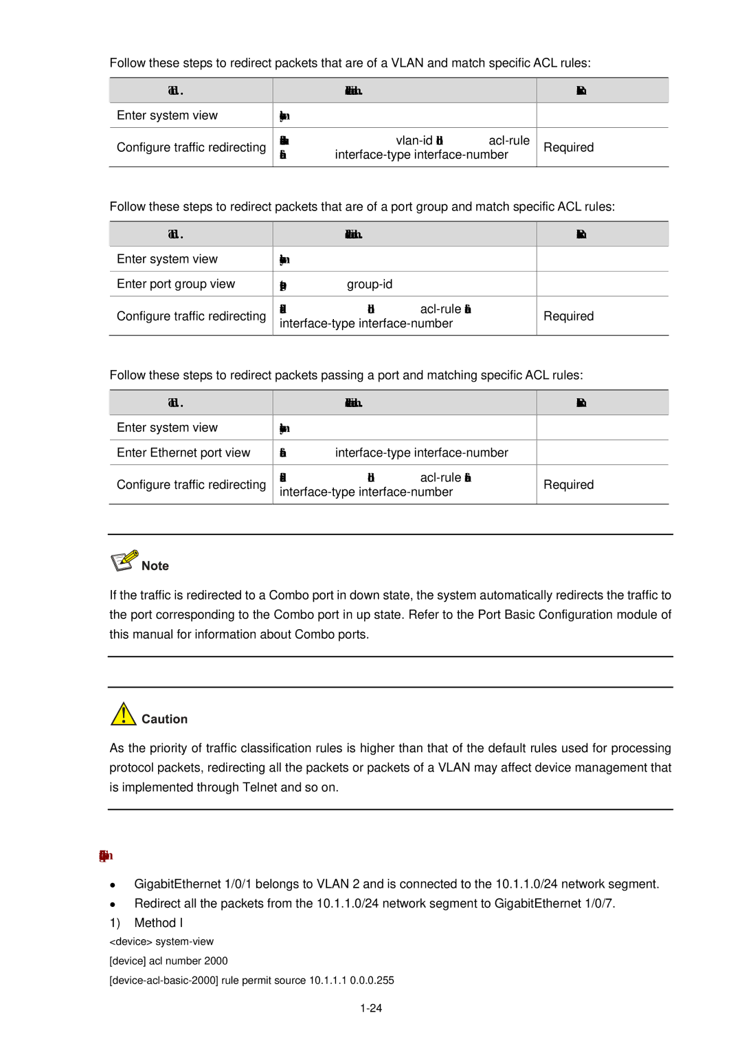 3Com WX3000 operation manual Traffic-redirect vlan vlan-id inbound acl-rule, Enter port group view 