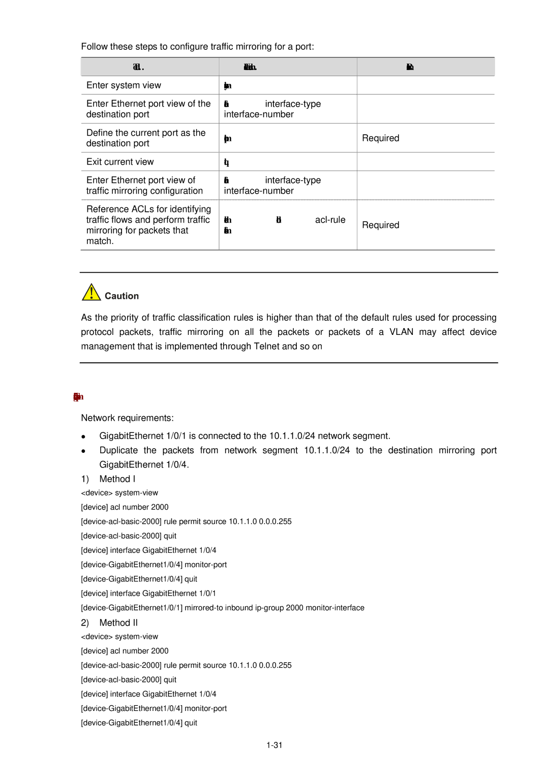 3Com WX3000 operation manual Required Destination port Exit current view, Traffic mirroring configuration 