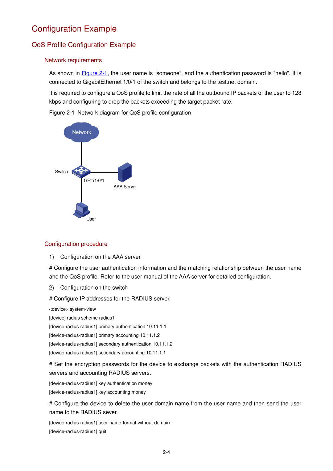 3Com WX3000 operation manual QoS Profile Configuration Example, 1Network diagram for QoS profile configuration 