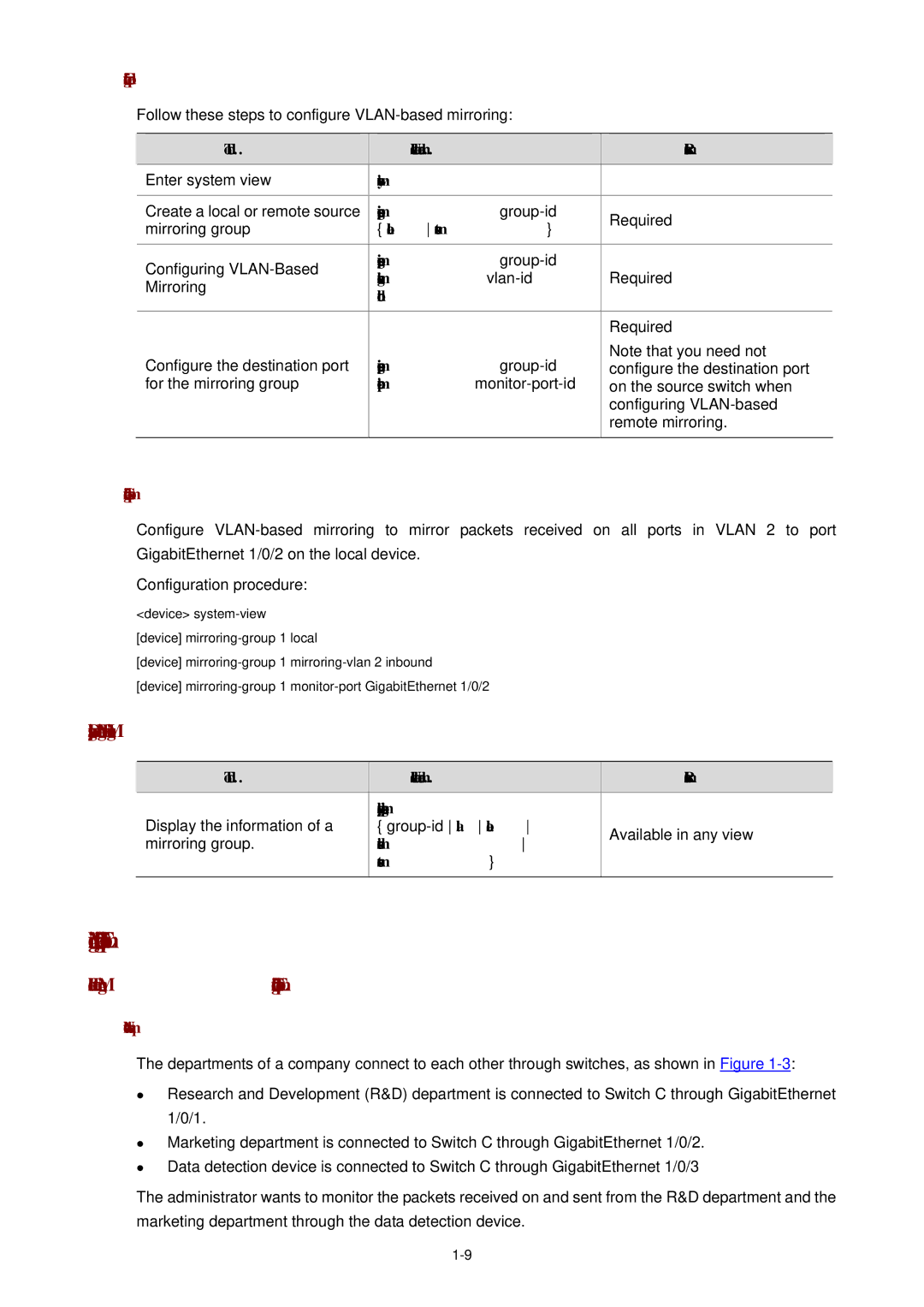 3Com WX3000 operation manual Mirroring Configuration Example, Displaying and Maintaining Port Mirroring, Inbound 