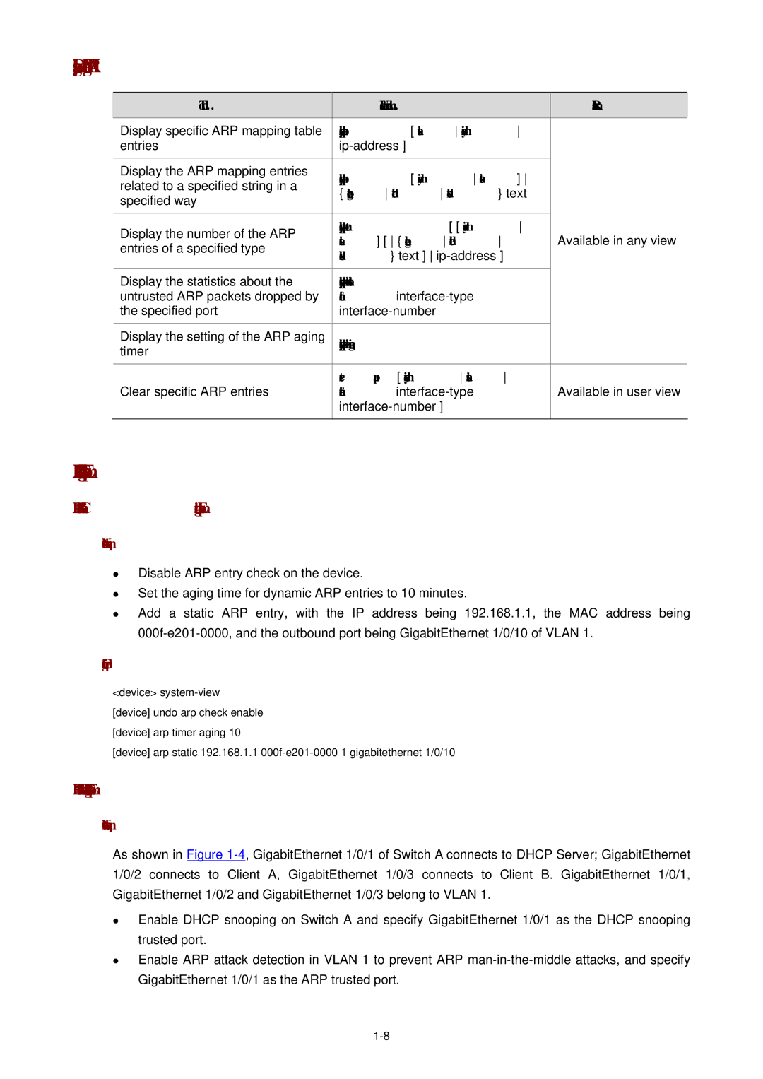 3Com WX3000 operation manual Displaying and Maintaining ARP, ARP Configuration Example, ARP Basic Configuration Example 