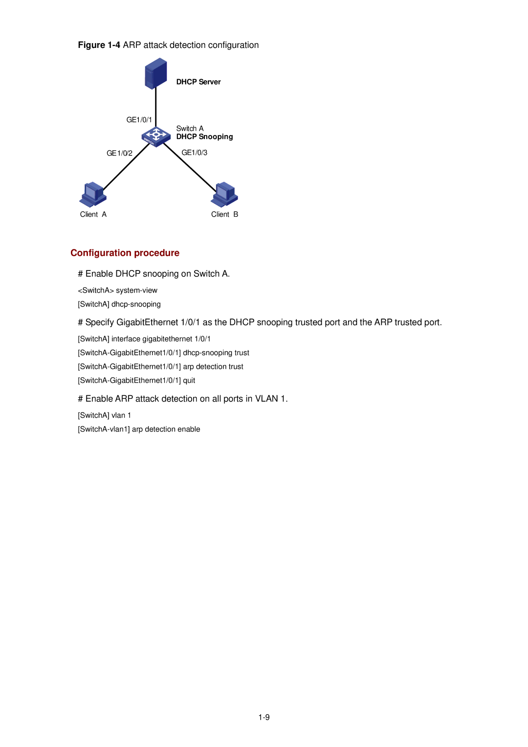 3Com WX3000 operation manual # Enable Dhcp snooping on Switch a, # Enable ARP attack detection on all ports in Vlan 